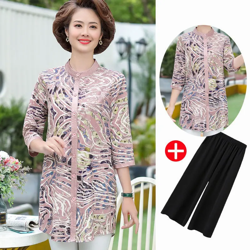 

dress Mother's summer shirt foreign style clothes middle aged women's dress 40-50 middle aged and old Size Chiffon shirt spring