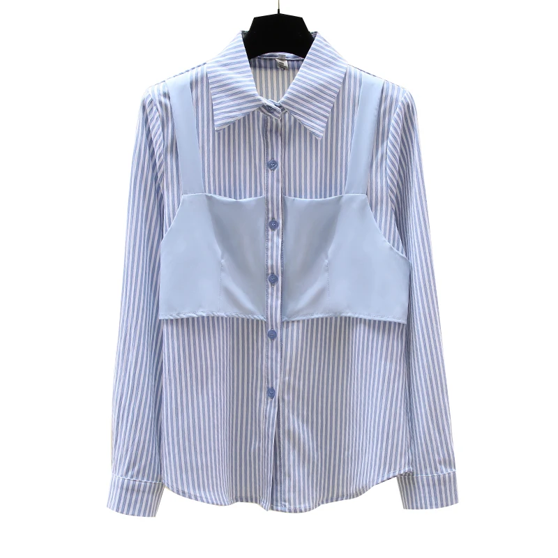 

Fall 2020 New Striped Fake Two-piece Patchwork Women's Shirt New Niche Long-sleeved Blouse Korean Japan Office Lady Top GX1435