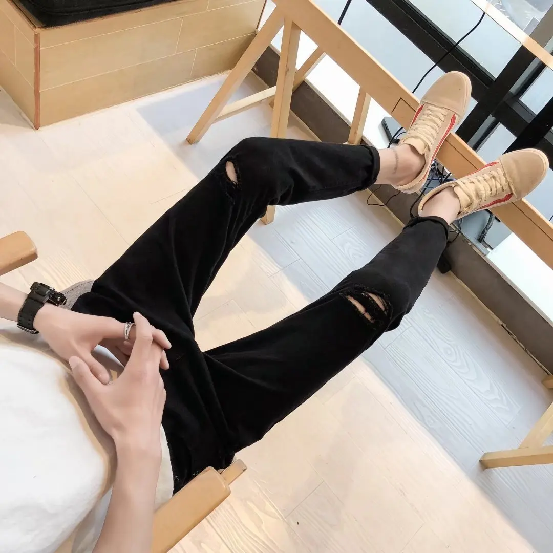 

Man Nine Part Jeans Trend One Word Knee Holes Pants Leisure Haren Bound Feet Hip Hop Trouser Bottom Streetwear Jeans