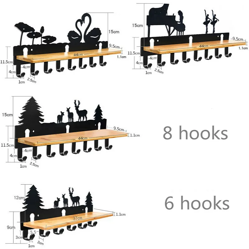 

Creative Bamboo Plate Iron Wall Shelf 6/8 Row Hook Coat Hanger Door Hooks Wall Mounted Partition Shelf Deer Piano Swan for Decor