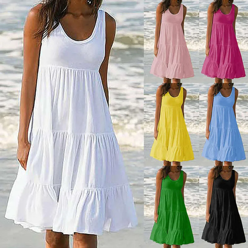 

2021 Sleeveless Party Beach Dress For Women Solid Color O-Neck Summer Dress Ladies Loose Bohemia Dresses
