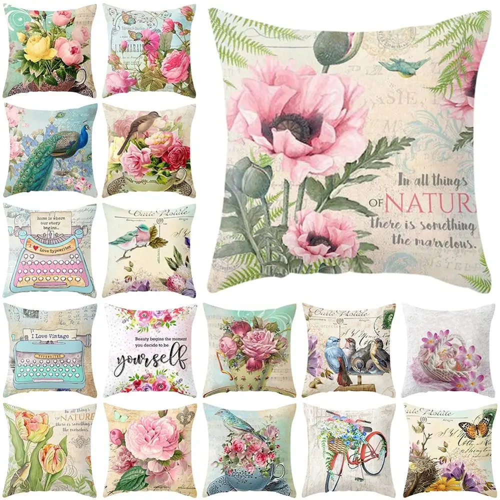 

Retro Flower Art Style Elegant Plush Square Home Decorative Throw Hug Pillow Case Living Room Cushion Cover 45x45 Cm
