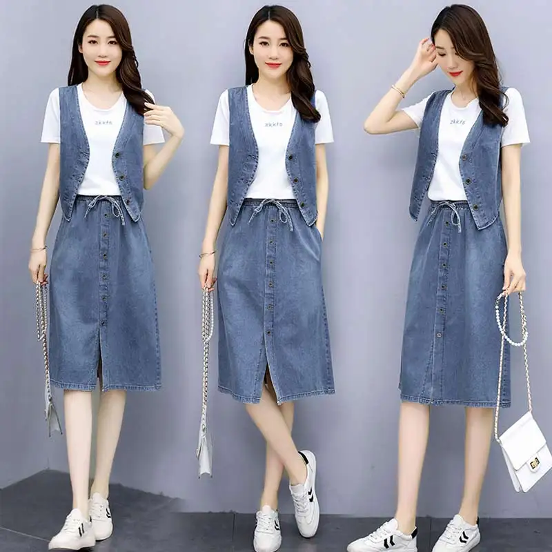 

Casual Jean Suit For Women Denim 2 Sets Clothing With Skirts Korean Tracksuit Matching Sets Ensemble Femme Survetement