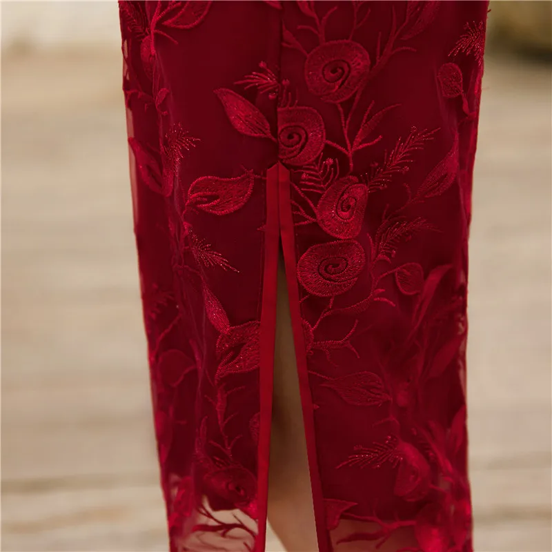 Wine red Cheongsam wedding evening party qipao lace dresses | Тематическая одежда и униформа