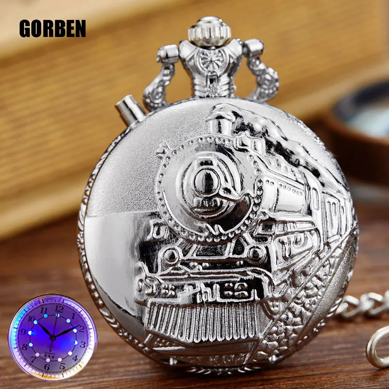 

Vintage Locomotive Motor Railway Train Steampunk LED Pocket Watch For Men Women Charming Pendant Necklace Clock Relogio Bolso