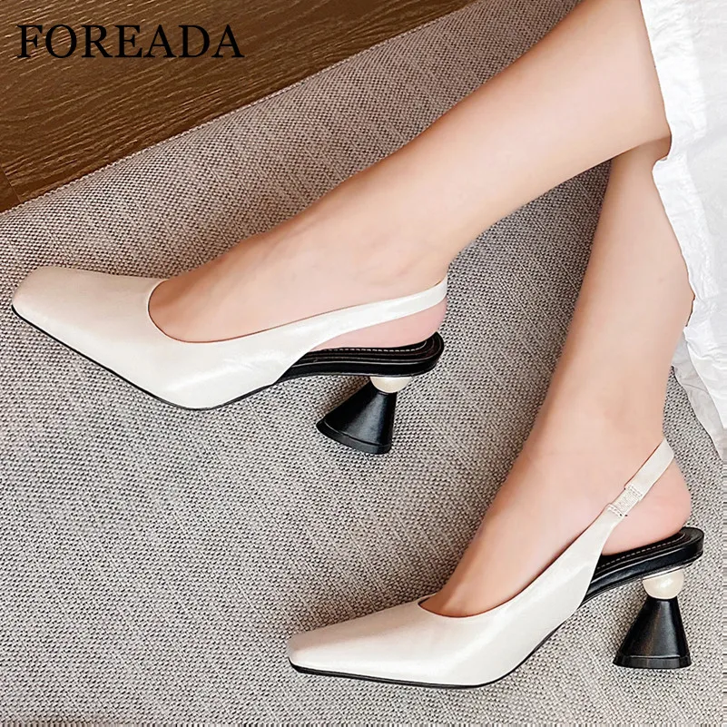 

FOREADA Women Pumps Slingbacks Shoes Real Leather High Heels Pearl Strange Style Heel Shoes Square Toe Female Footwear White 39