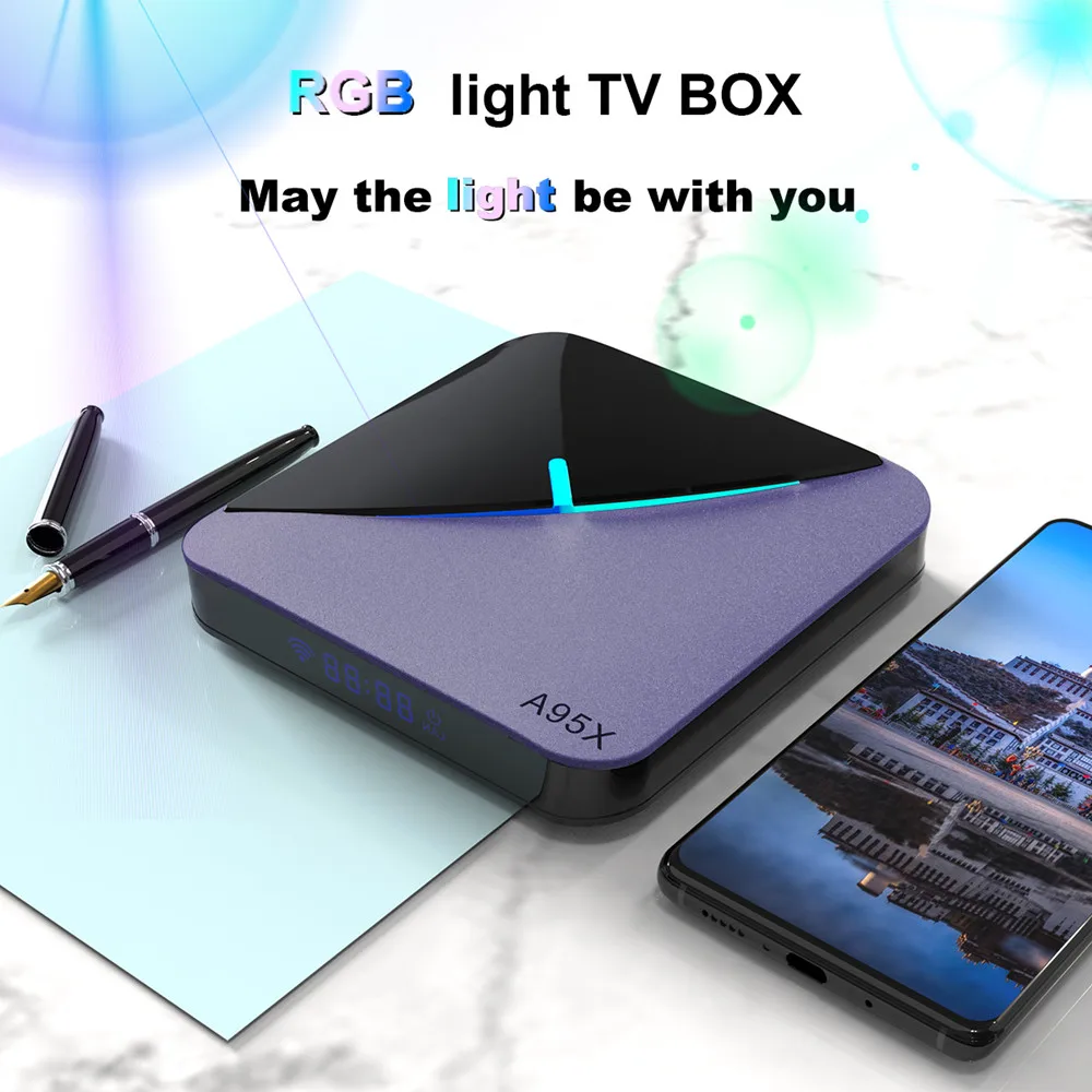 ТВ приставка A95x F3 RGB светильник на Android 9 0 Amlogic S905X3 смарт USB3.0 H.265 8K 60fps Netflix Youtube Plex