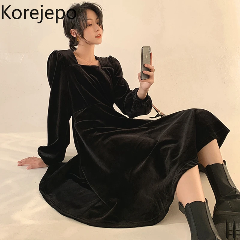 

Korejepo Women Dress 2021 Autumn Winter French Retro Elegant Temperament Waist Square Collar Lantern Sleeve Black Velvet Dress