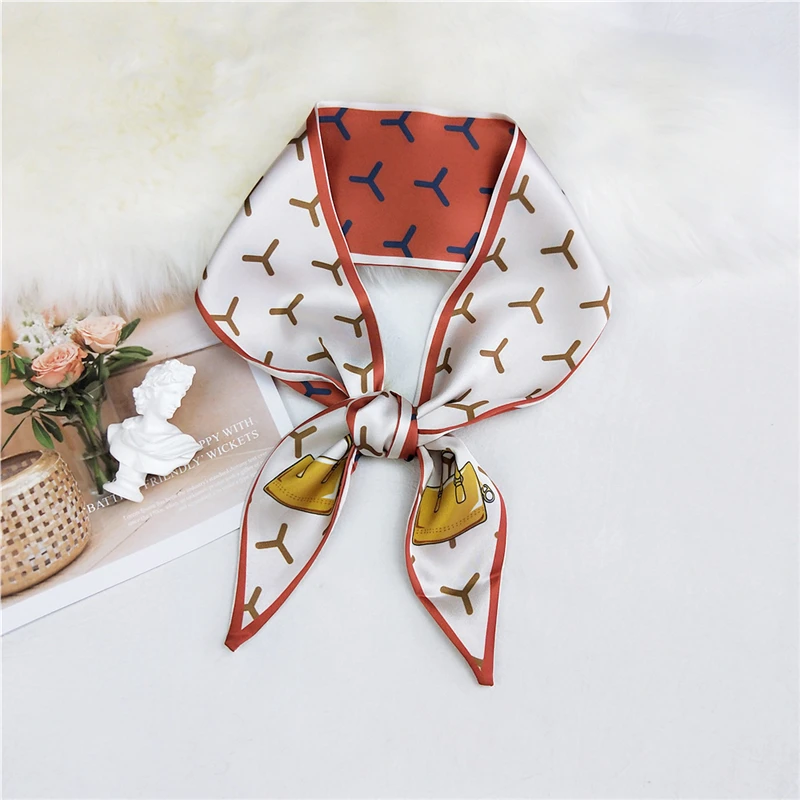 

2021 Handbag Print Silk Scarf Women Skinny Neck Scarfs Ribbons Female Kerchief Fashion Lady Hair Band Tie Scarves Neckerchief