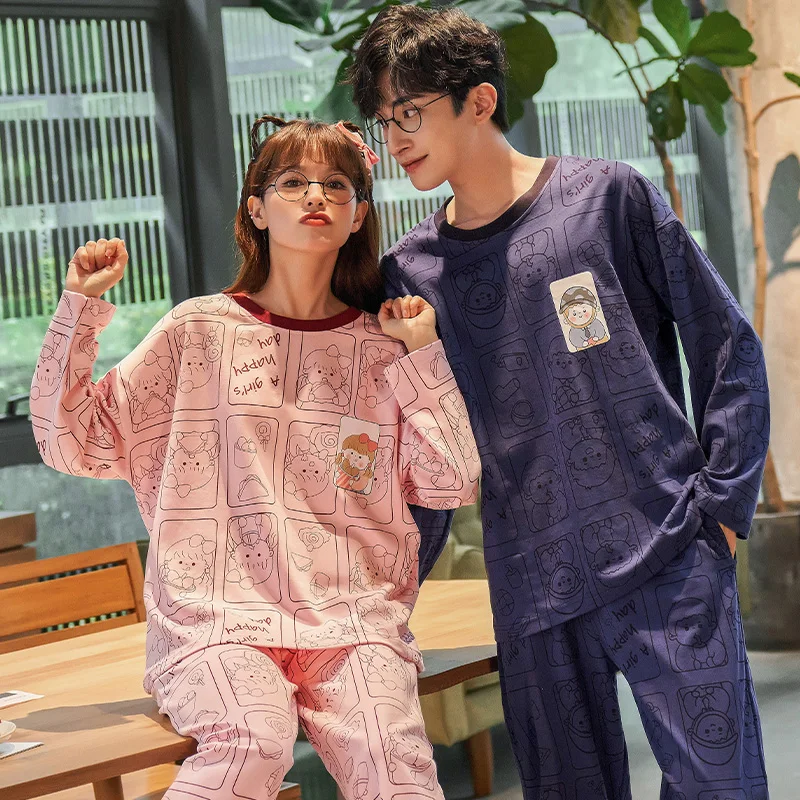 Новинка осенне-зимние хлопковые Пижамные комплекты для пар брюки с круглым