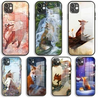 watercolor fox soft glass silicone case for iphone 13 12 11 pro x xs max xr 8 7 6 plus se 2020 s mini balck cover