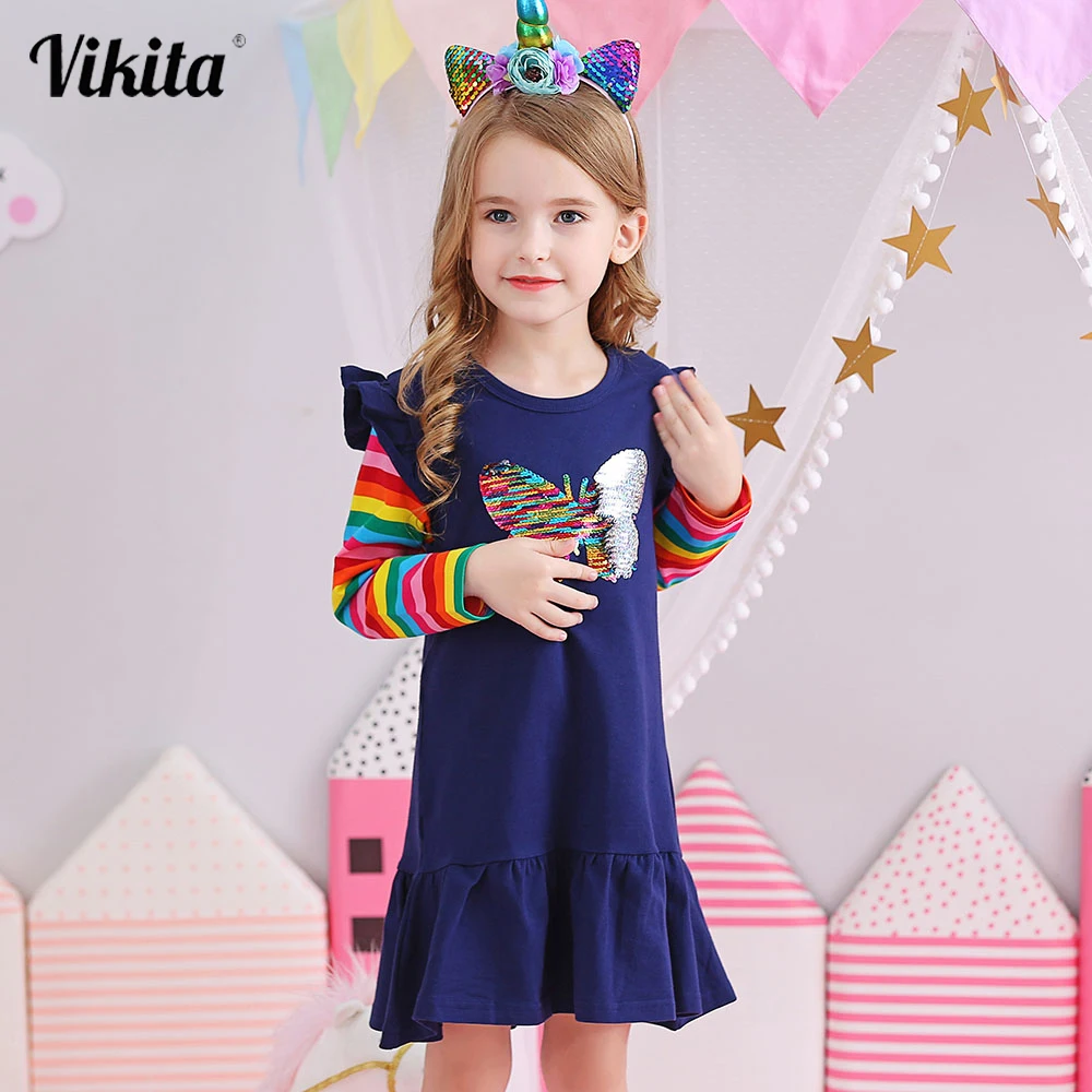 VIKITA Autumn Girls Dresses Long Sleeve Toddler Costume Butterfly Sequin Kids Dress For Girls Cotton Children Casual Dress Wear