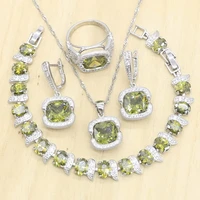 geometric dubai silver color jewelry sets for women olive green semi precious ring earrings necklace bracelet wedding jewelry