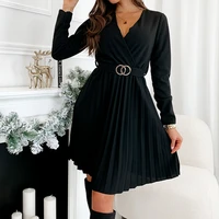 2022 autumn and winter fashion casual v neck long sleeves pleated pure color lace pleated elegant dress ladies pleated skirt