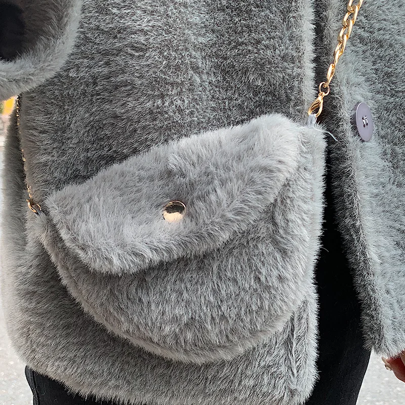 

2020 new spring Korean Short Faux Fur coat women + Fashion Oblique shoulder Bags Lady Lapel Cardigan button Leisure Simple Hot