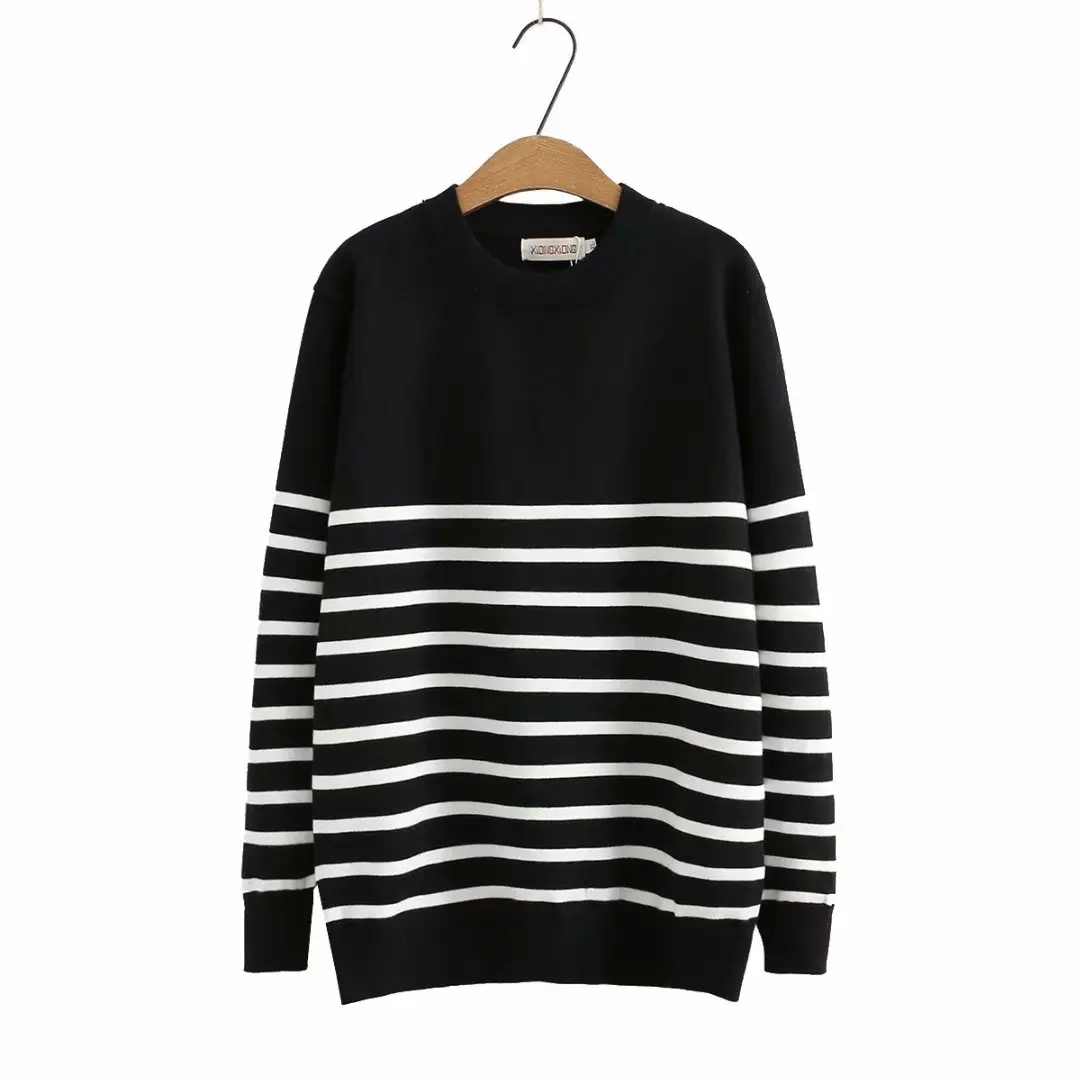 

Ladies sweater oversize autumn winter 2021 women's clothing fashion O-Neck loose black Grey coffee striped Women's jumper