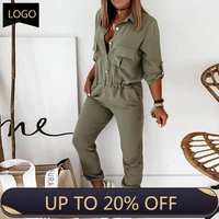sexy turn down collar button jumpsuit women 2021 spring solid elastic waist overalls playsuit summer slim fit cargo pants romper
