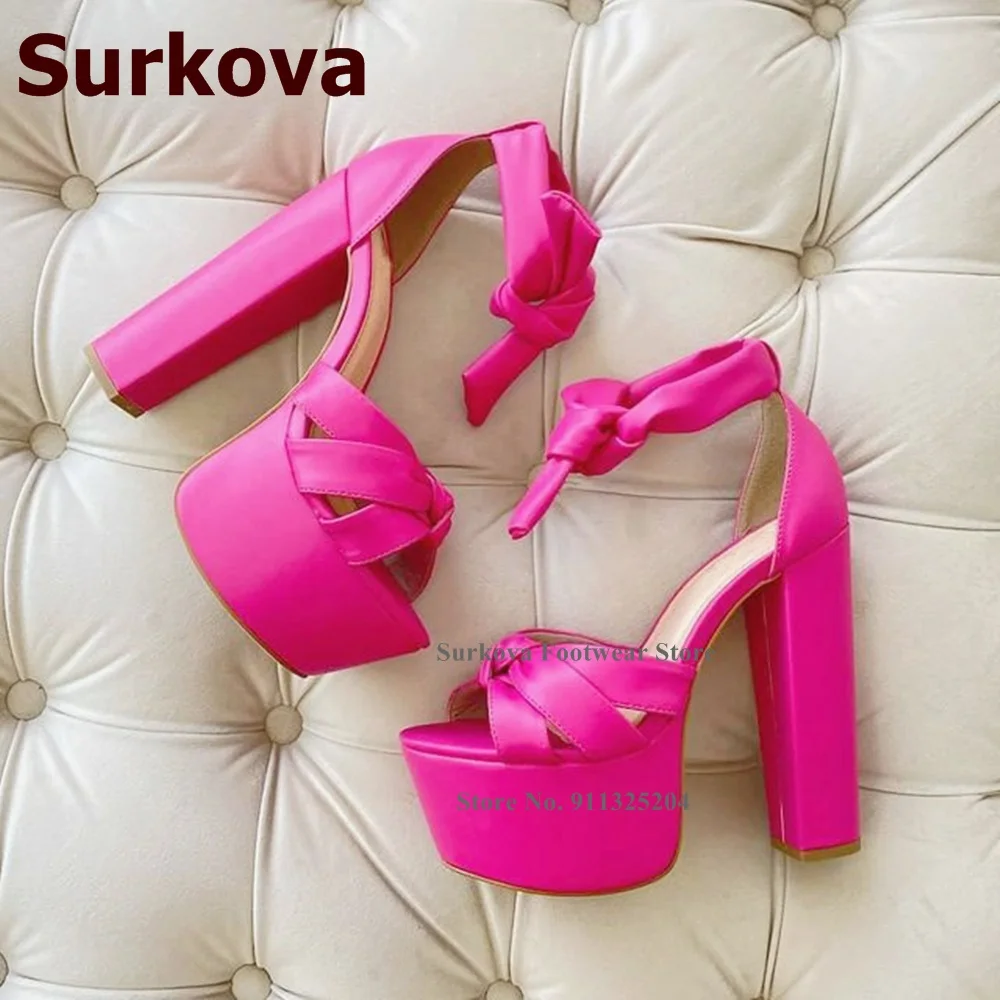 

Surkova Pink White Black Chunky Heel Platform Sandals Women Butterfly-knot Dress Shoes Open Toe Lace-up Bowtie Banquet Pumps