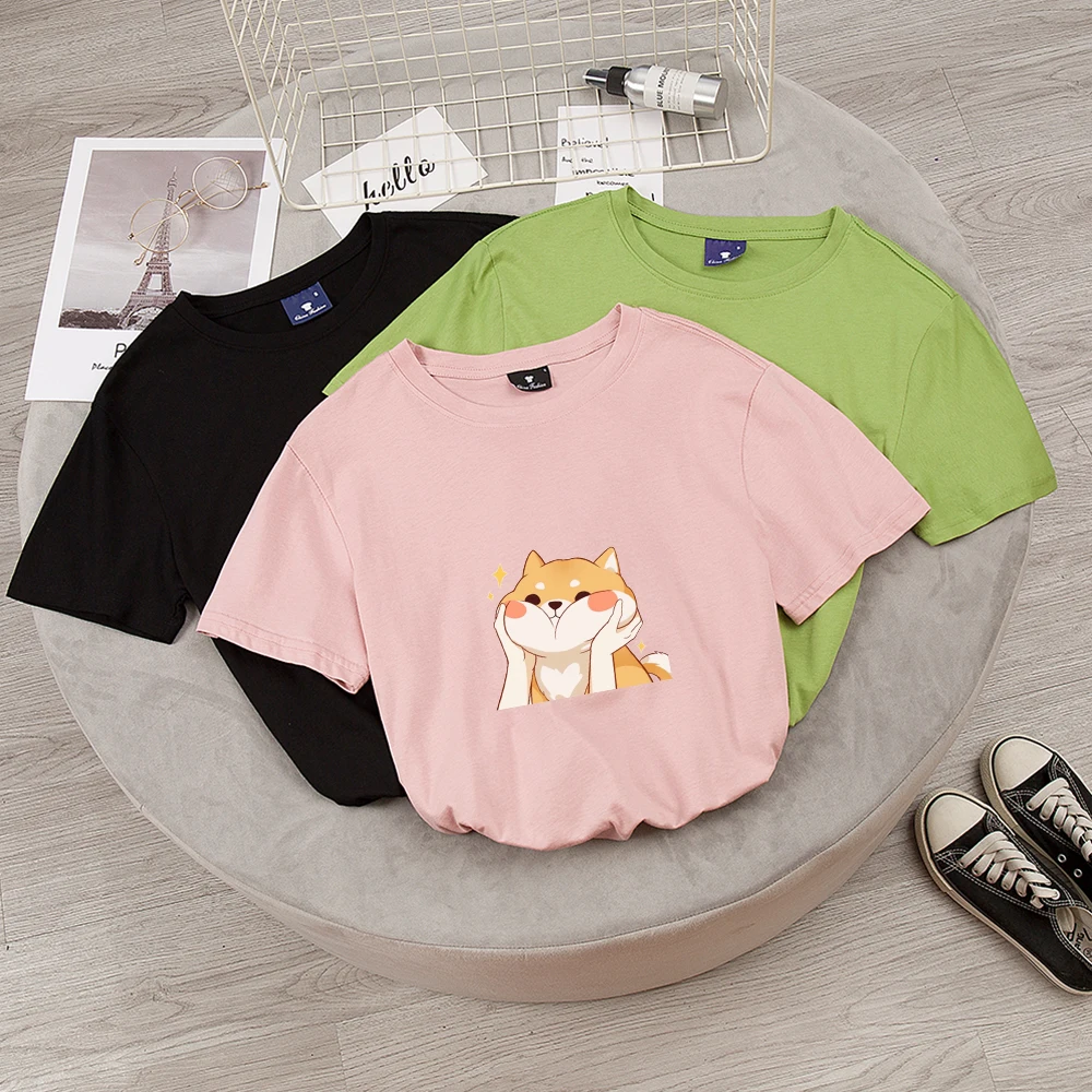 

Women Cute Shiba Inu White Dog Cartoon Printed Fashion T-shirt Cotton Sweet Kawaii Design Cotton T Shirt Harajuku Homme T-shirt