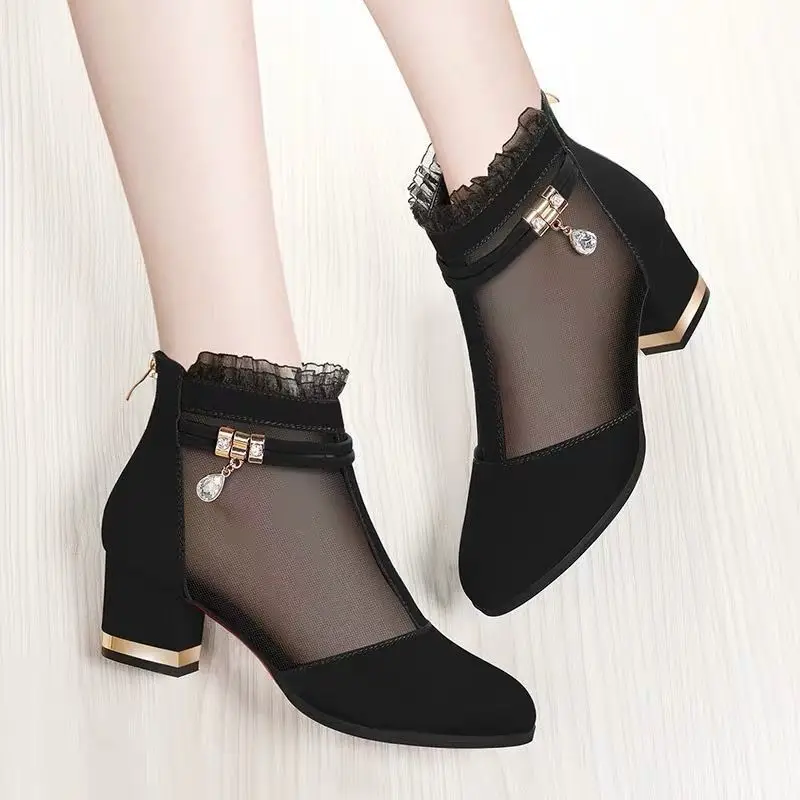 

2021 Newest Classic Pionted Toe Women Mesh Zip Lace High Heels Fashion Crystal Sexy Prom Shoes