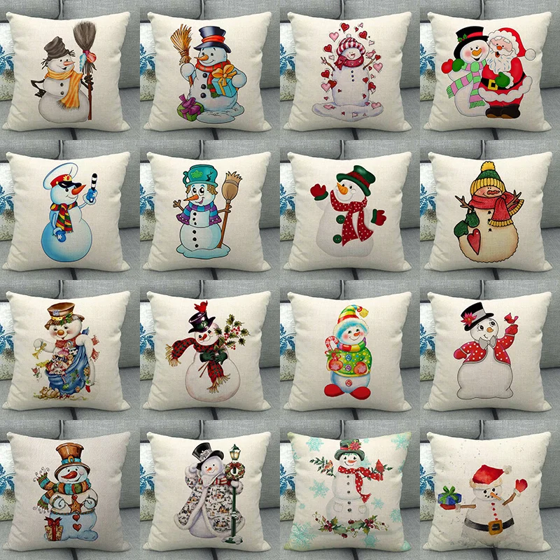 

Christmas Home Ornaments Throw Cushion Cover Cotton Linen One Side Snowman Solid Print Pattern Living Room Sofa Gifl Pillowcase