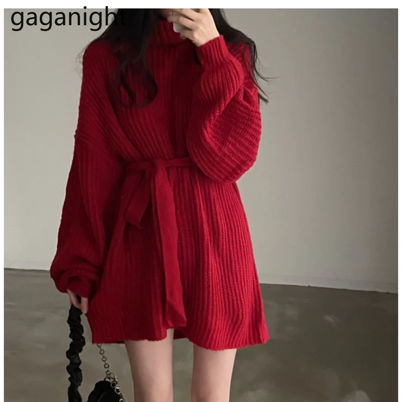 

Gaganight Women Long-sleeved Knit Dress Female 2021 Autumn Winter New Bandage Waist A-line Retro Thin Turtleneck Sweater Dress