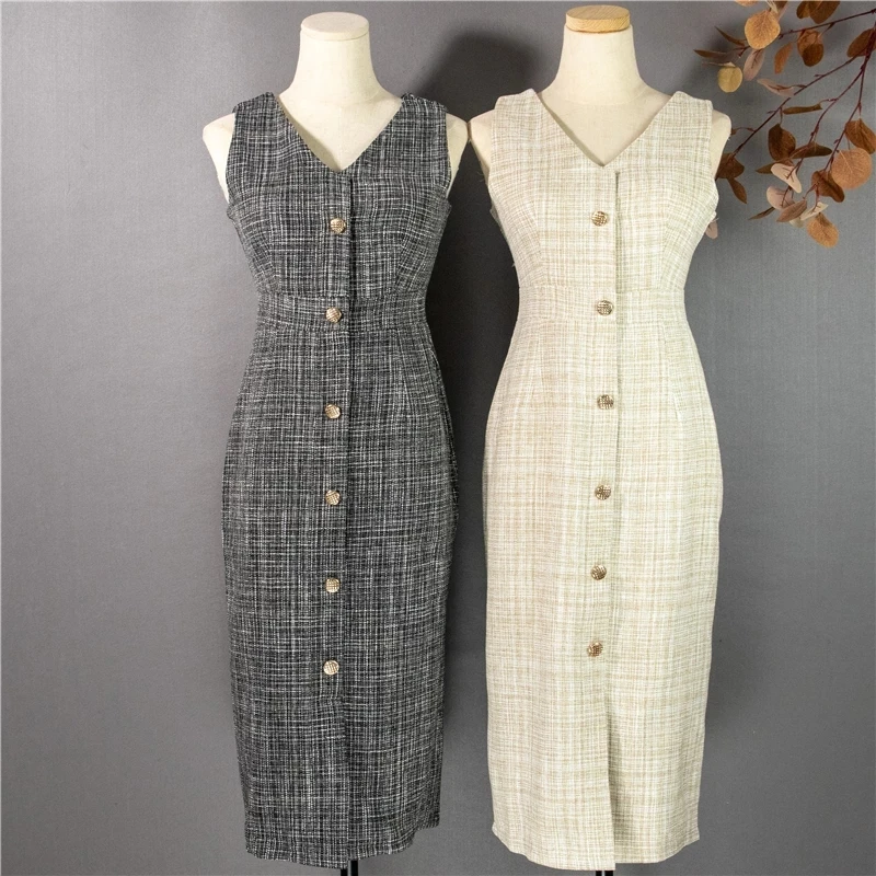 

2021 Spring Elegant Korean Women High Quality Sexy V Neck Single Breasted Slim Sleeveless Vintage Plaid Vest Dress