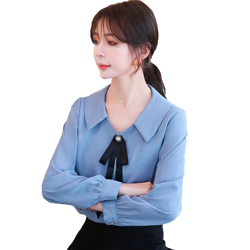 

COIGARSAM Full Sleeve Shirt Womens tops New Spring Solid Chiffon Peter pan Collar Women shirts Blue White 8871
