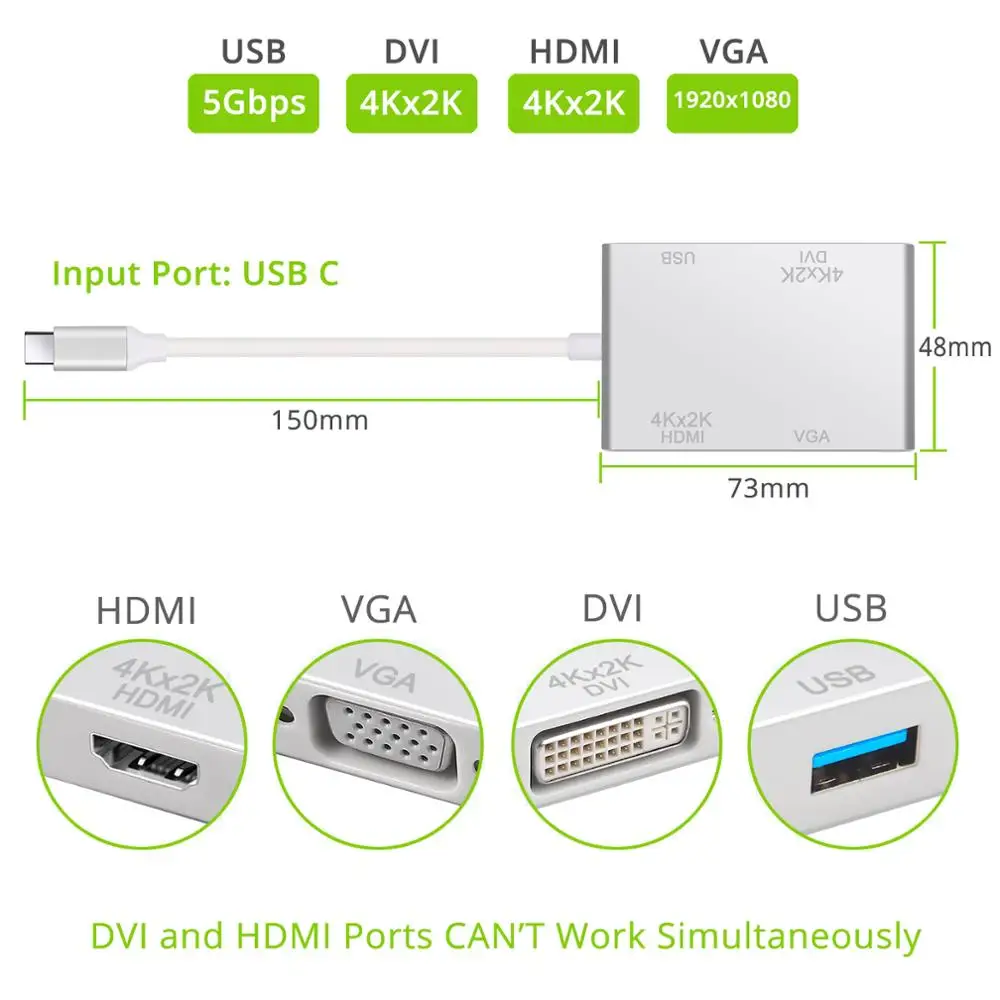 Neoteck USB C к HDMI-совместимый 4K адаптер DVI/VGA/USB3.0 Поддержка VGA видео конвертер |