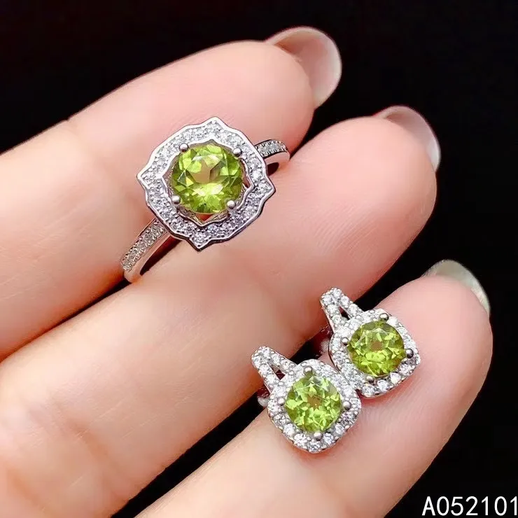 KJJEAXCMY Fine Jewelry 925 sterling silver inlaid natural Peridot girl luxury earring ring set support test Chinese style