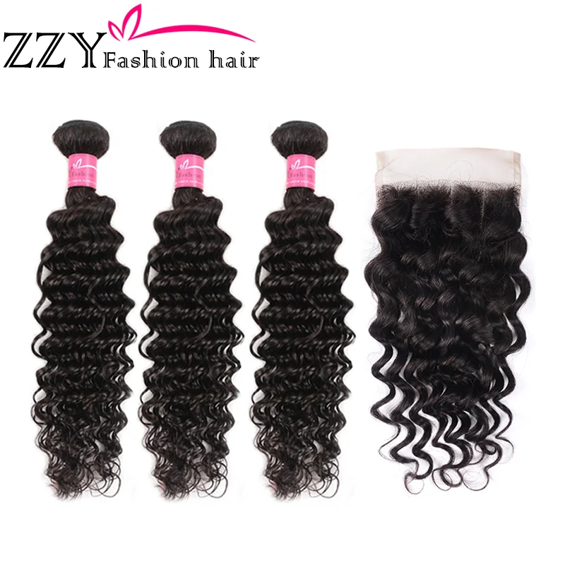 ZZY Fashion Hair Brazilian Deep Wave Bundles With Closure 4*4 Lace Closure Hair Weave Bundles With Closure Human Non-Remy Hair