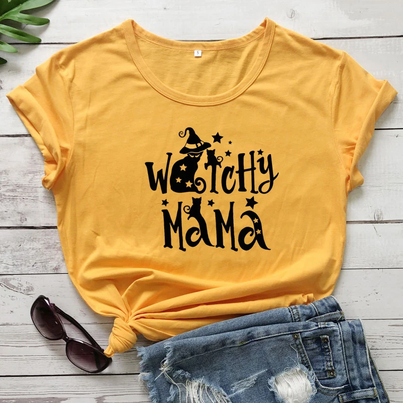 

Witchy Mama Cat Print T-shirt Funny Halloween Gift Tshirt For Mom Trendy Women Graphic Witch Yellow Top Tee Shirt
