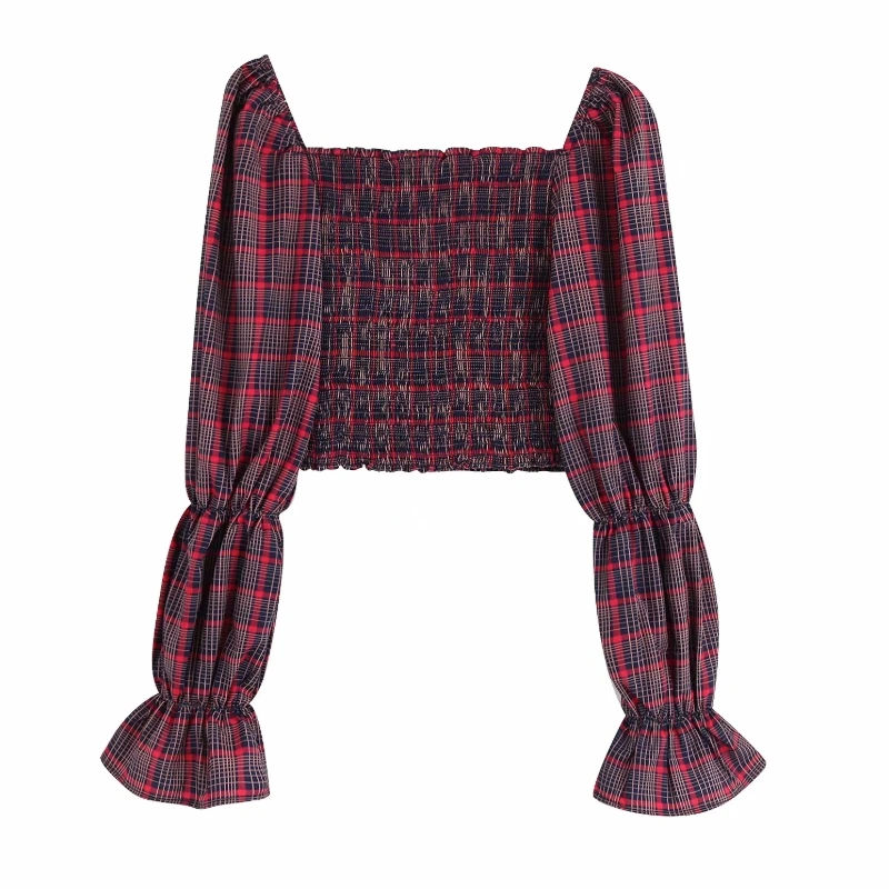 Женская клетчатая эластичная рубашка с квадратным воротником привлекательные