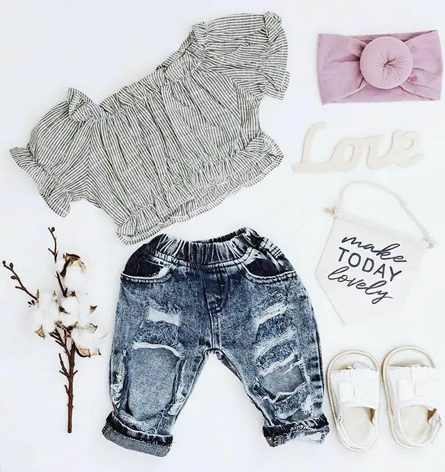 2020 Baby Girls Kids summer clothes set Off Shoulder stripe Tops Ripped Jeans hole Pants 2pcs sunsuit Outfit Clothes 1-6Y | Детская