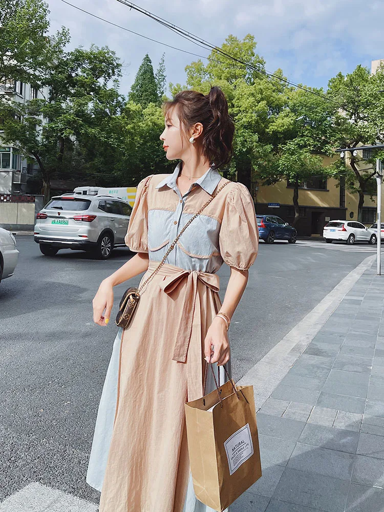 

French style bubble sleeve dress women's summer 2021 new design small group stitching A-line tea break skirt fresh age reduction