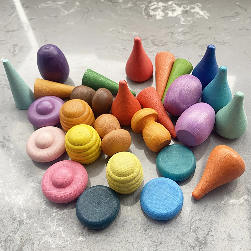 27pcs Creative Wooden Rainbow Blocks Mushrooms Honeycomb Droplets Tree Cones for Children Kids Natural Toys Gifts | Игрушки и хобби