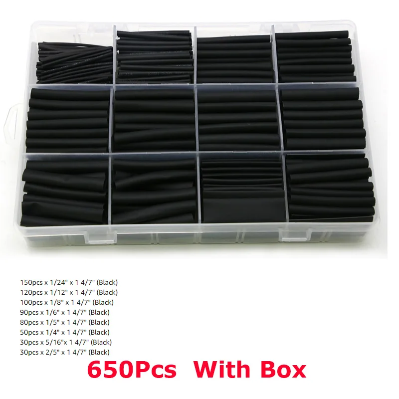 

650Pcs Heat Shrink Tubing Kit-Wire Cable Shrink Wrap Ratio 2:1 Tubing Insulation Protection Black Heat Shrink