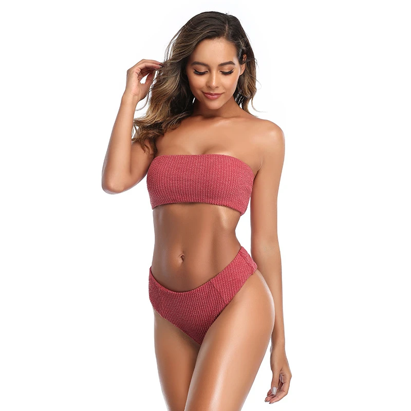 

2020 Bandeau Bikini High Waist Swimsuit For Women Swimwear Female Solid Bathing Suit Sexy Swimming Suit Beachwear Thong Bikinis
