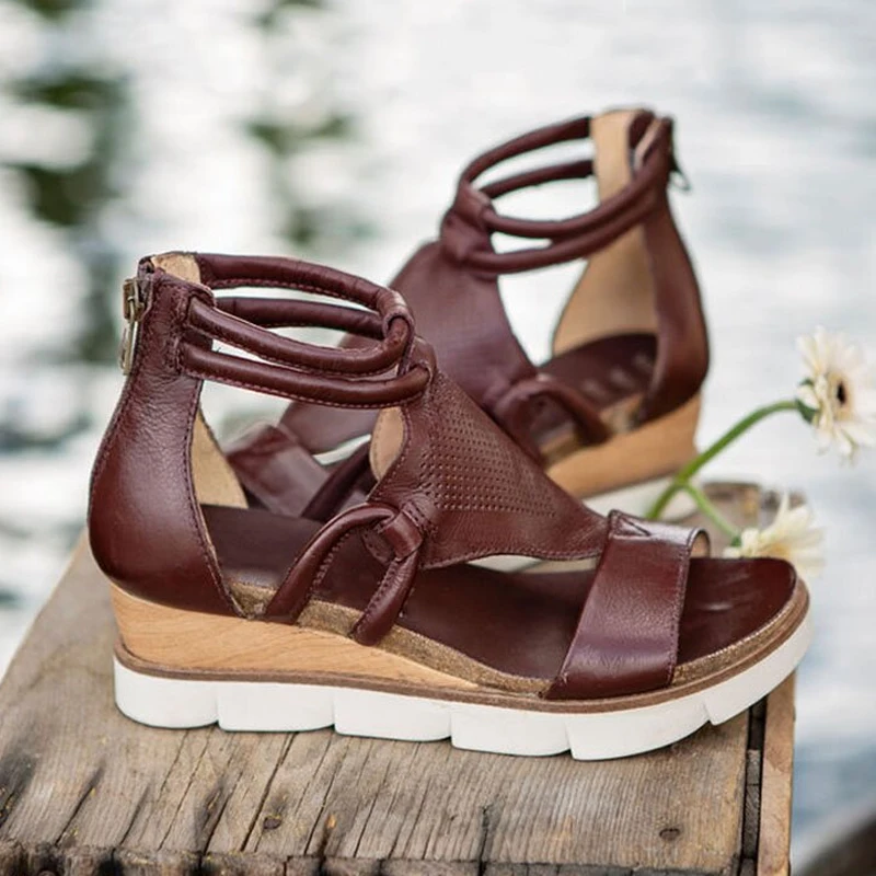 

Сандалии женские на танкетке, Повседневные Дышащие Босоножки с открытым носком, на молнии, однотонные винтажные туфли на среднем каблуке, л...