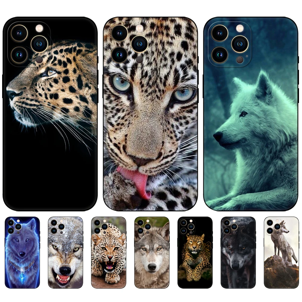 

For iPhone 11 12 13 mini pro MAX Case Back Phone Cover For iphone SE 2020 Silicon Soft Coque Animal wolf cheetah black tpu case