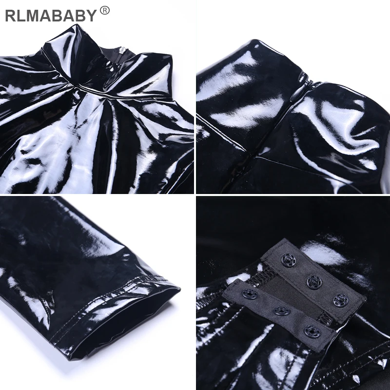 

RLMABABY Autumn Winter Black PU Leather Sexy Women Bodysuit High Neck Long Sleeve Romper Jumpsuit Short Female Sexy Bodysuit Top