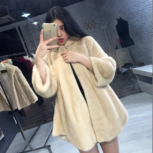 new autumn and winter Haining imported fur women's hooded tidy long section mink coat mink jacket - Color: light yellow