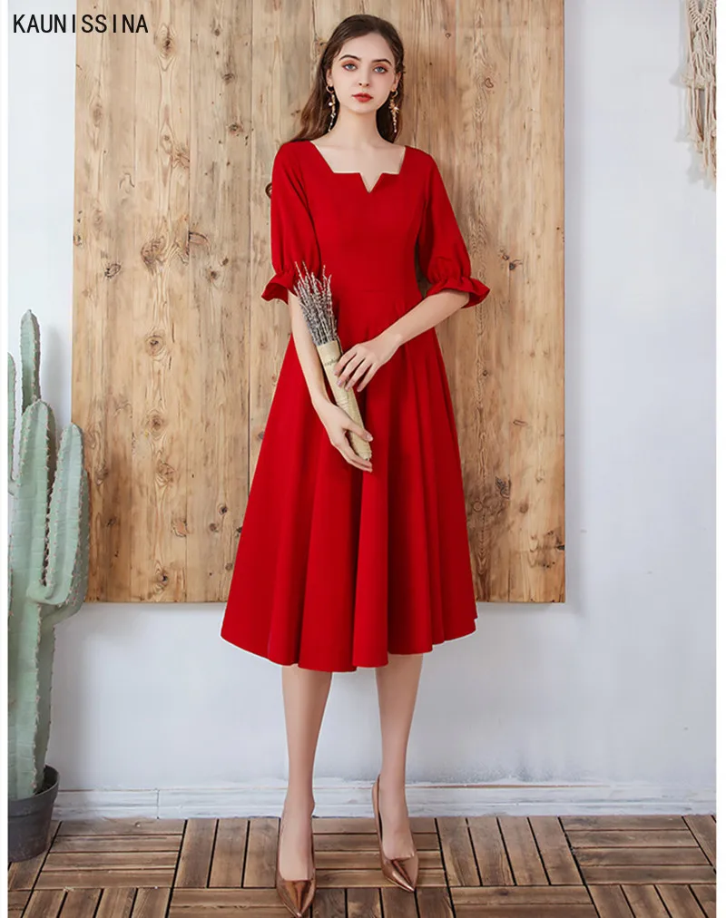 

KAUNISSINA Vintage Cocktail Dress Half Sleeve A Line Party Gowns Ladies Elegant Robe Red Formal Vestidos Long Homecoming Dresses