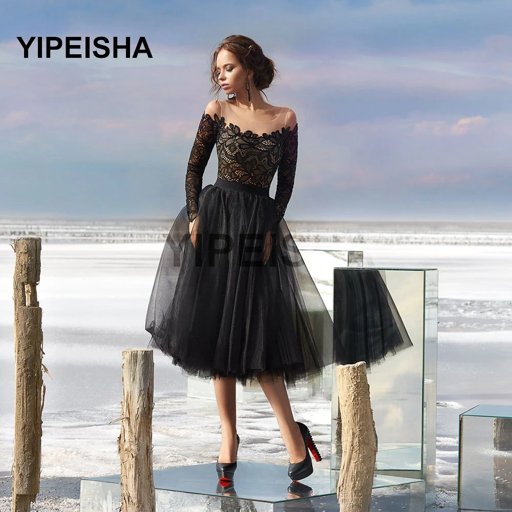 

2021 IIIusion O Neck Long Sleeves Prom Dresses A-Line Tea-Length Lace Embroidery Party Gown robe de soirée de mariage