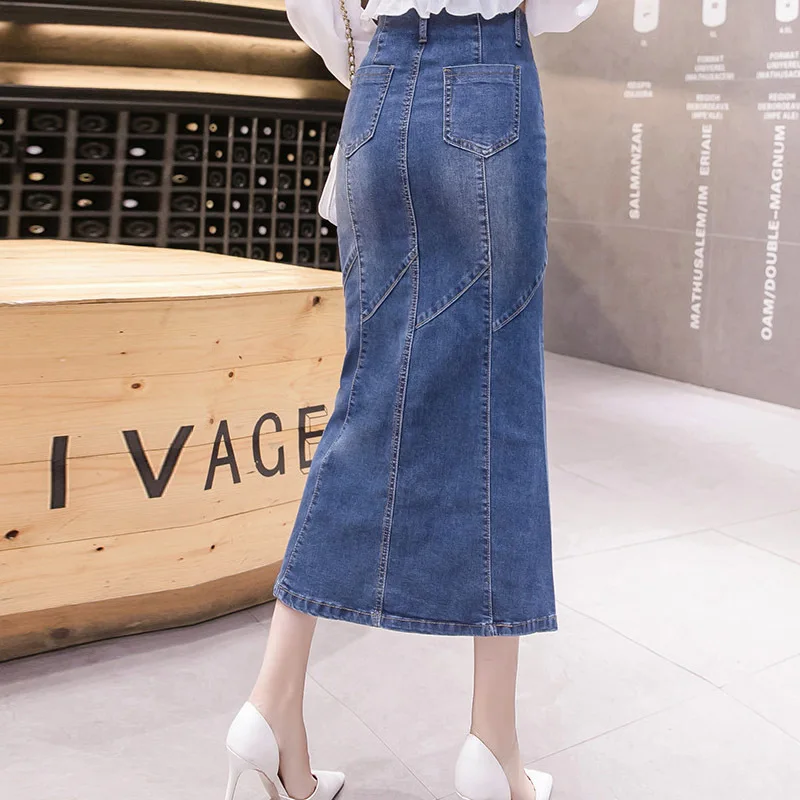 Женская джинсовая юбка весна-осень большой размер средняя длина высокая талия