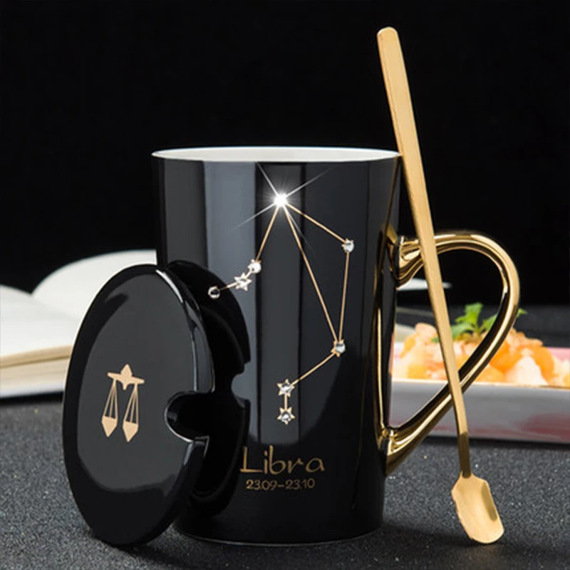 

420ml Ceramic Coffee Mugs 12 Constellation Theme Star Drill Mug Gift Box With Lid And Spoon Zodiac Milk Cup Water Drinkware