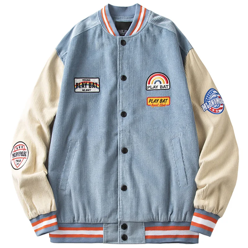 

Men Bomber Jacket Corduroy Embroidery Patchwork Jackets 2021 Spring Hip Hop Harajuku Streetwear Men Baseball Coats Unisex