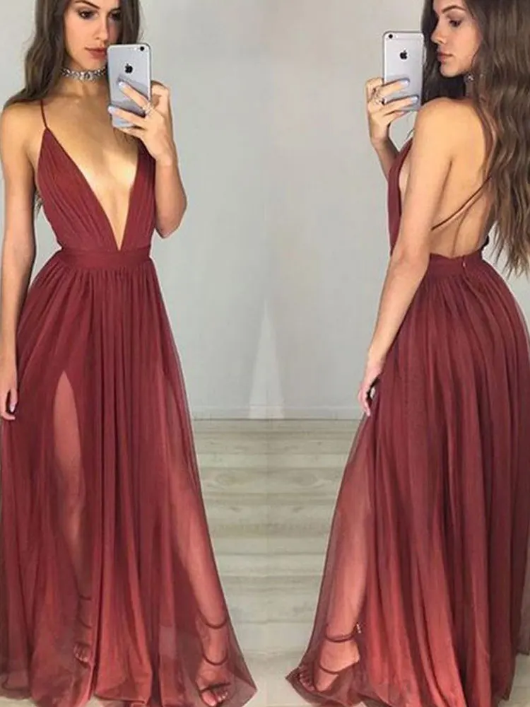 

Spaghetti strap Evening Dresses Burgundy A-line Sweep/Brush Floor length Sleeveless Banbage Party Dresses sexy high quality