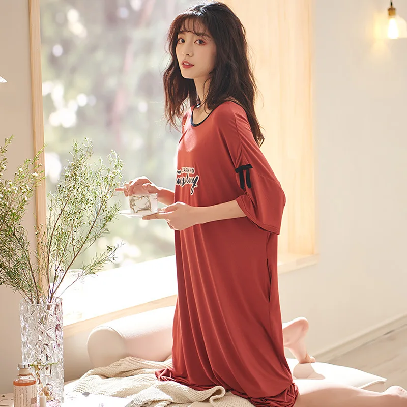 Summer New Style Short Sleeve Nightgown & Sleepstirts Large Size Long Skirt Household Over Knee Nightdress Women's Sleepwear