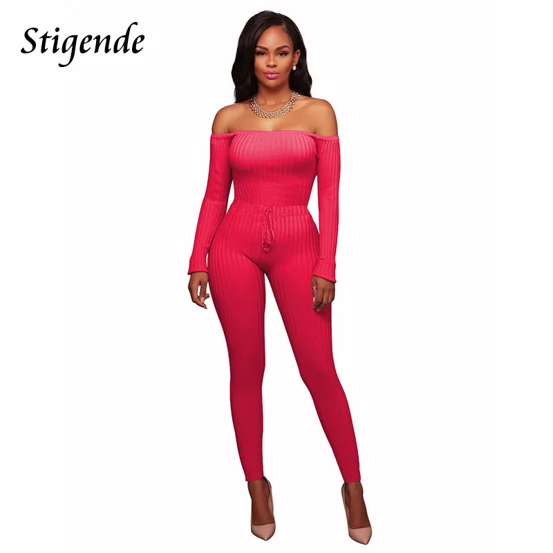 Женский комбинезон в рубчик с открытыми плечами и длинным рукавом|Женские